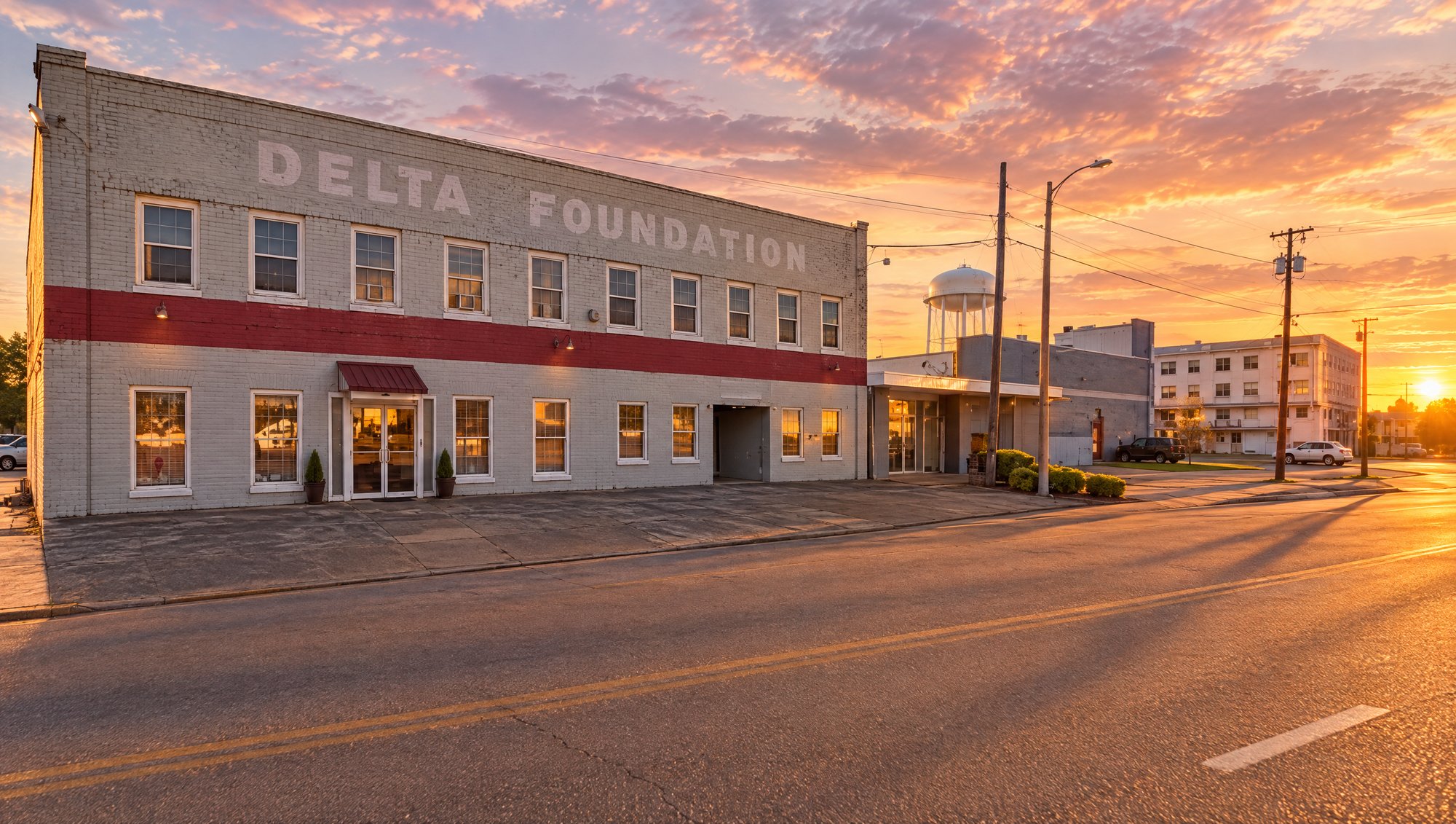 The Delta Foundation building at 819 Main Street, Greenville, at sunset