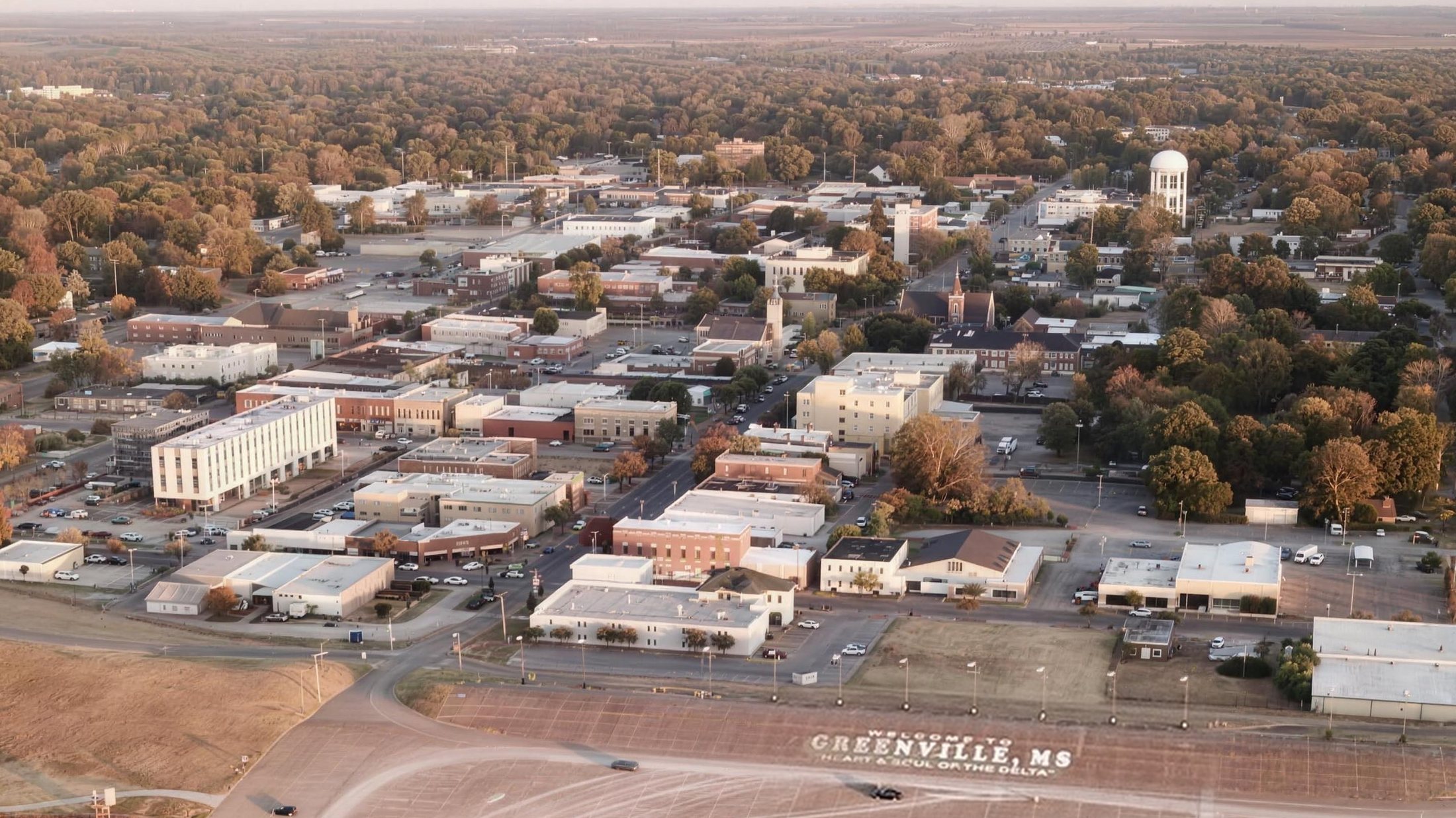 Downtown Greenville, Mississippi, today, seen from above the levee